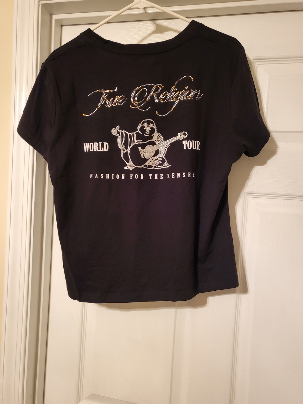 Women True Religion Black V-Neck Tee with Rhinestone Logo